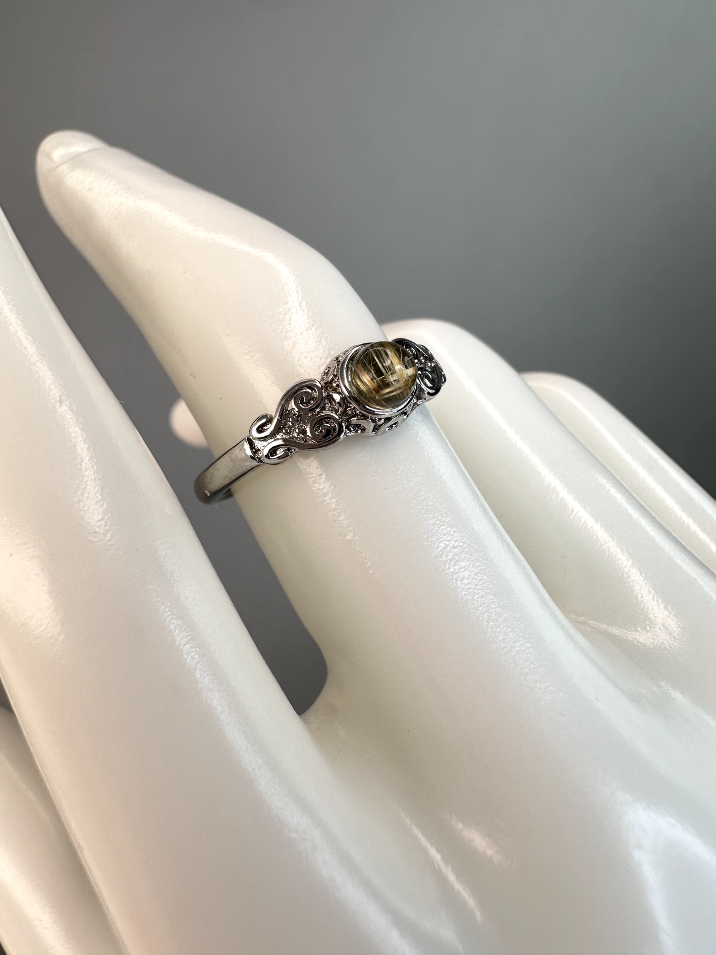 Intricate Golden Rutile Ring | Adjustable | Silver Plated *RARE*