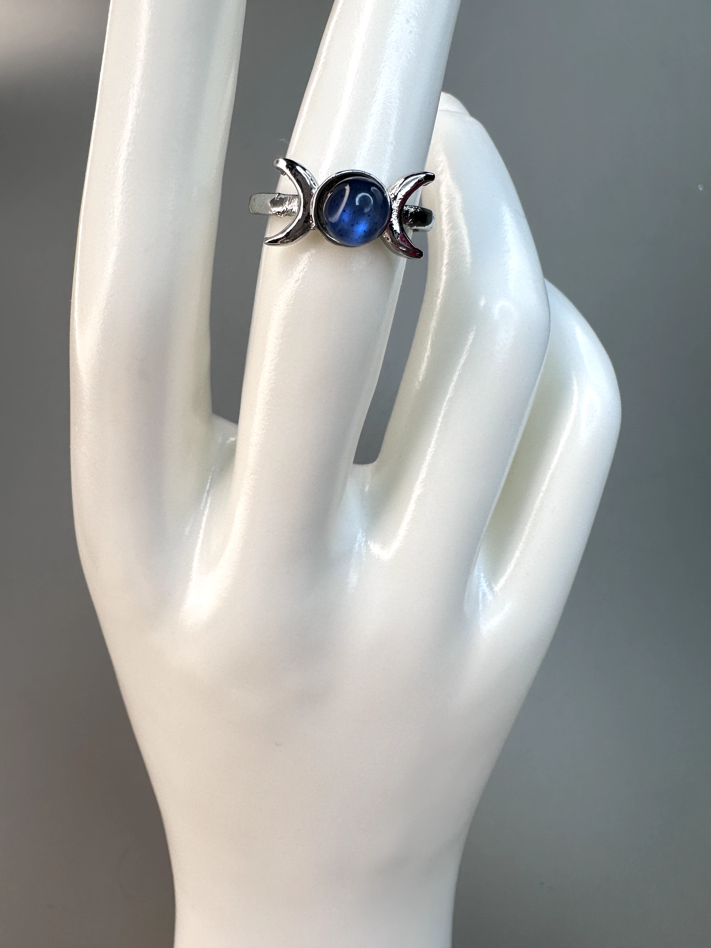 Labradorite Triple Moon Goddess Ring | Adjustable | Silver Plated | Flashy