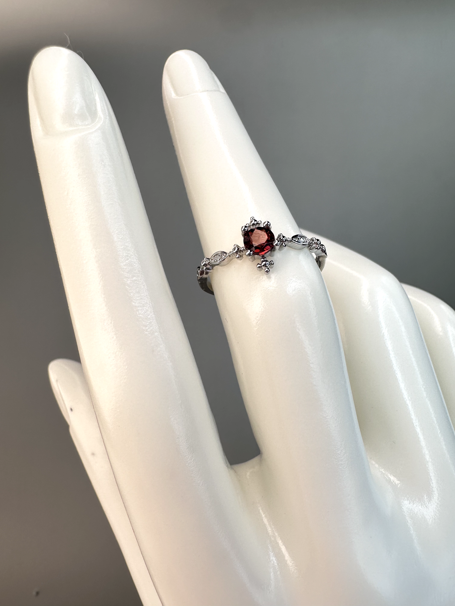 Dainty Garnet Ring | Adjustable | Silver Plated