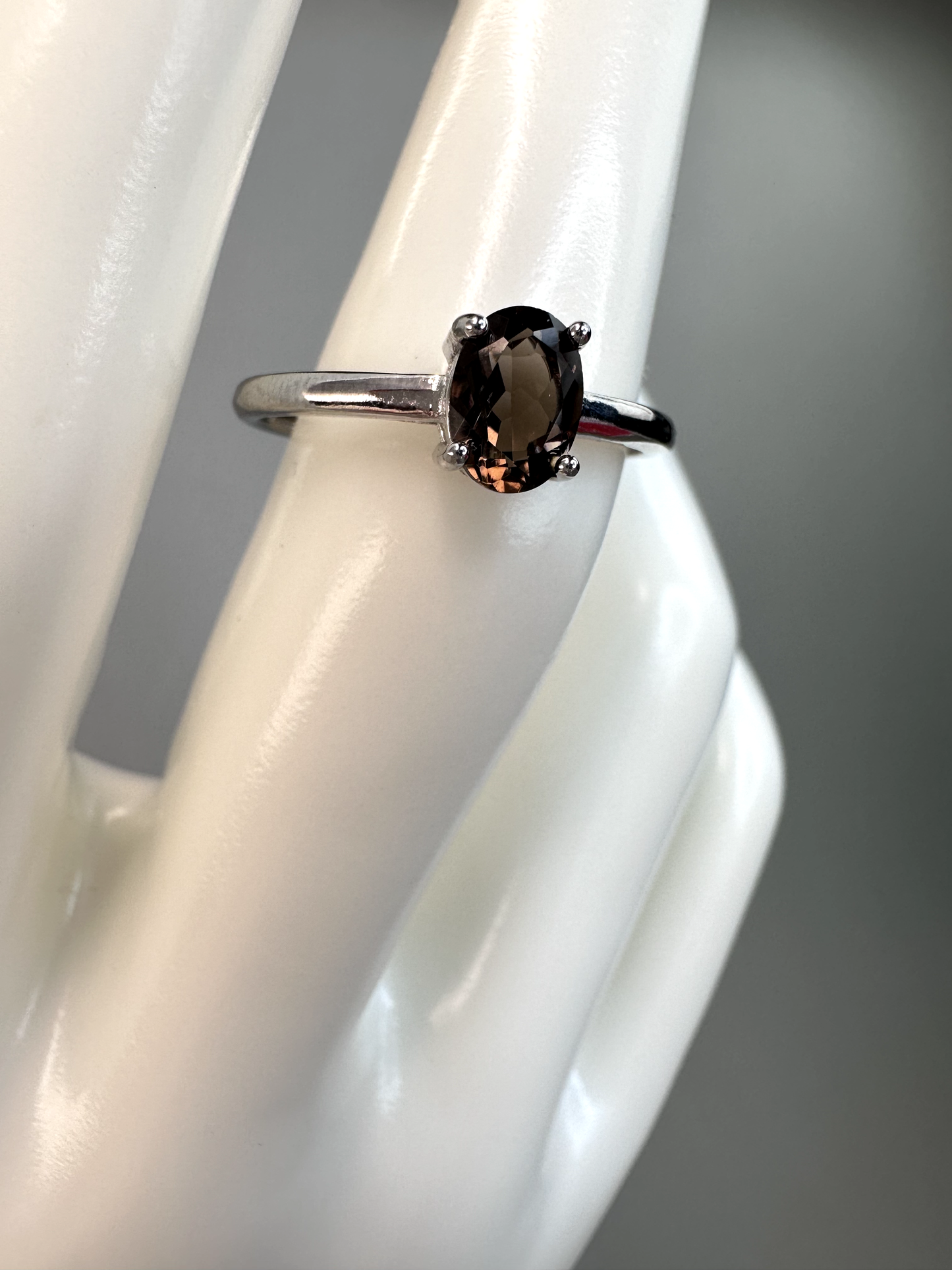 Simple Smokey Quartz Oval Ring | Adjustable | Silver Plated
