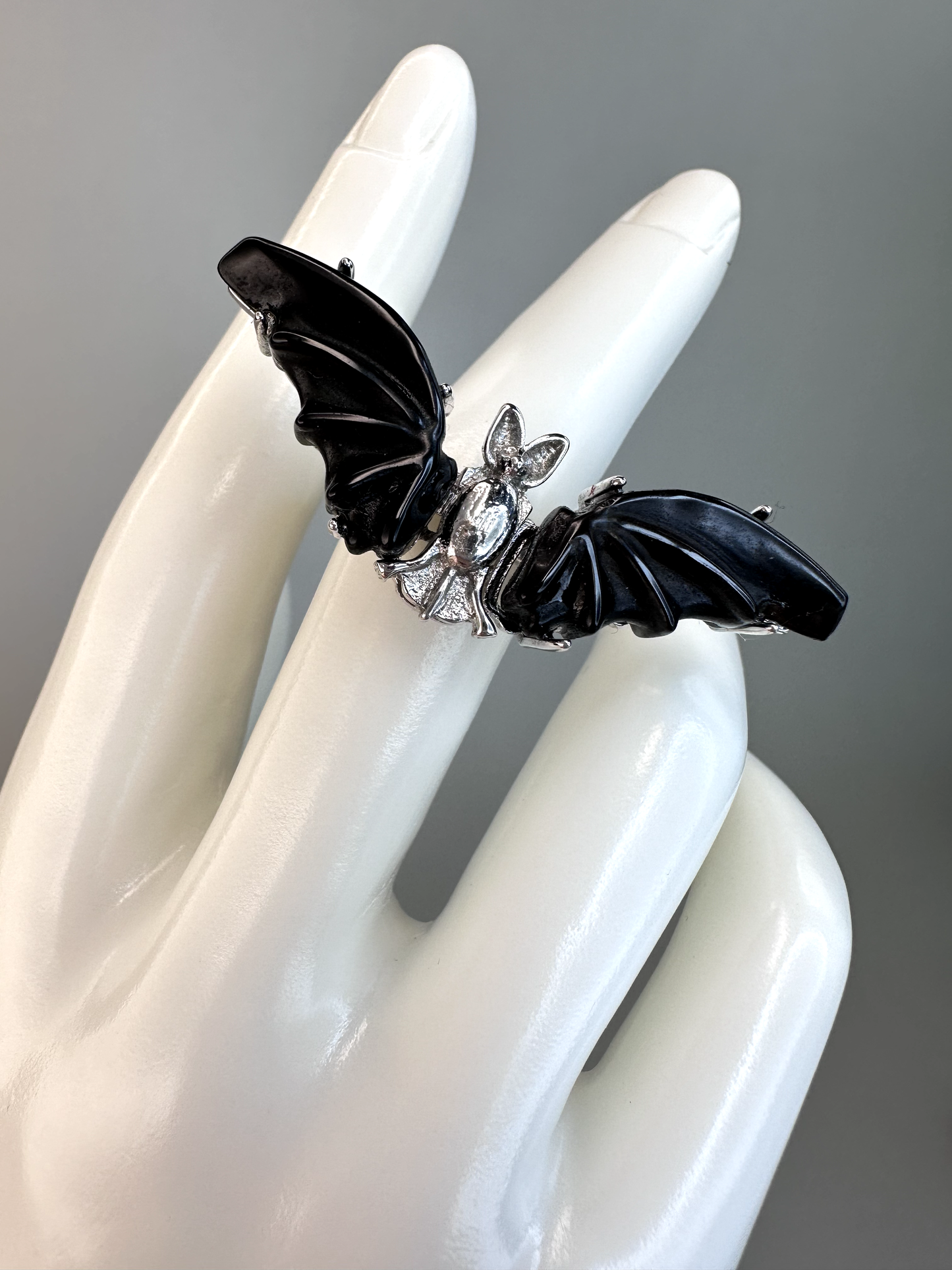 Obsidian Bat Ring | Adjustable | Silver Plated
