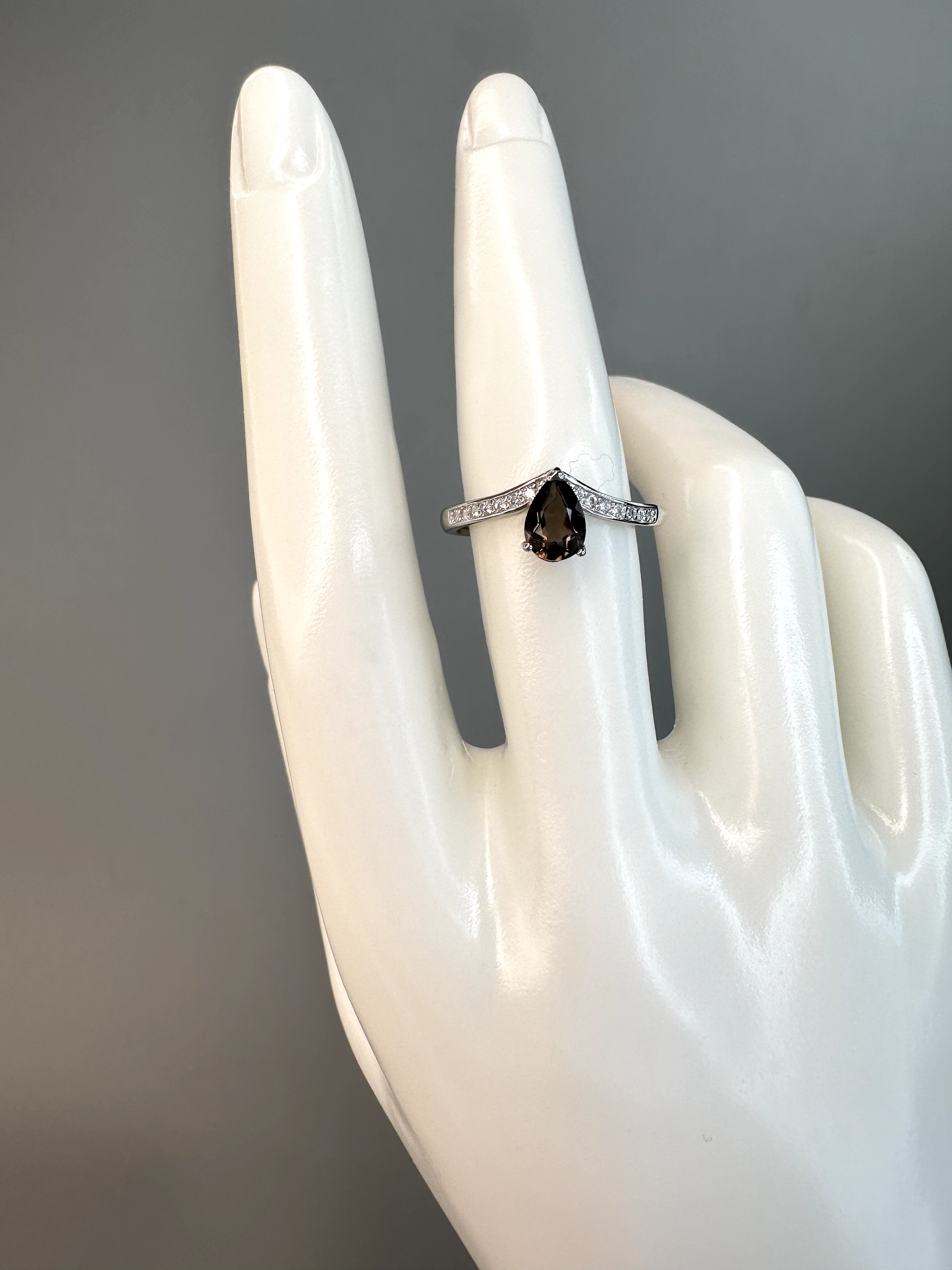 Smokey Quartz Teardrop Ring | Adjustable | Silver Plated