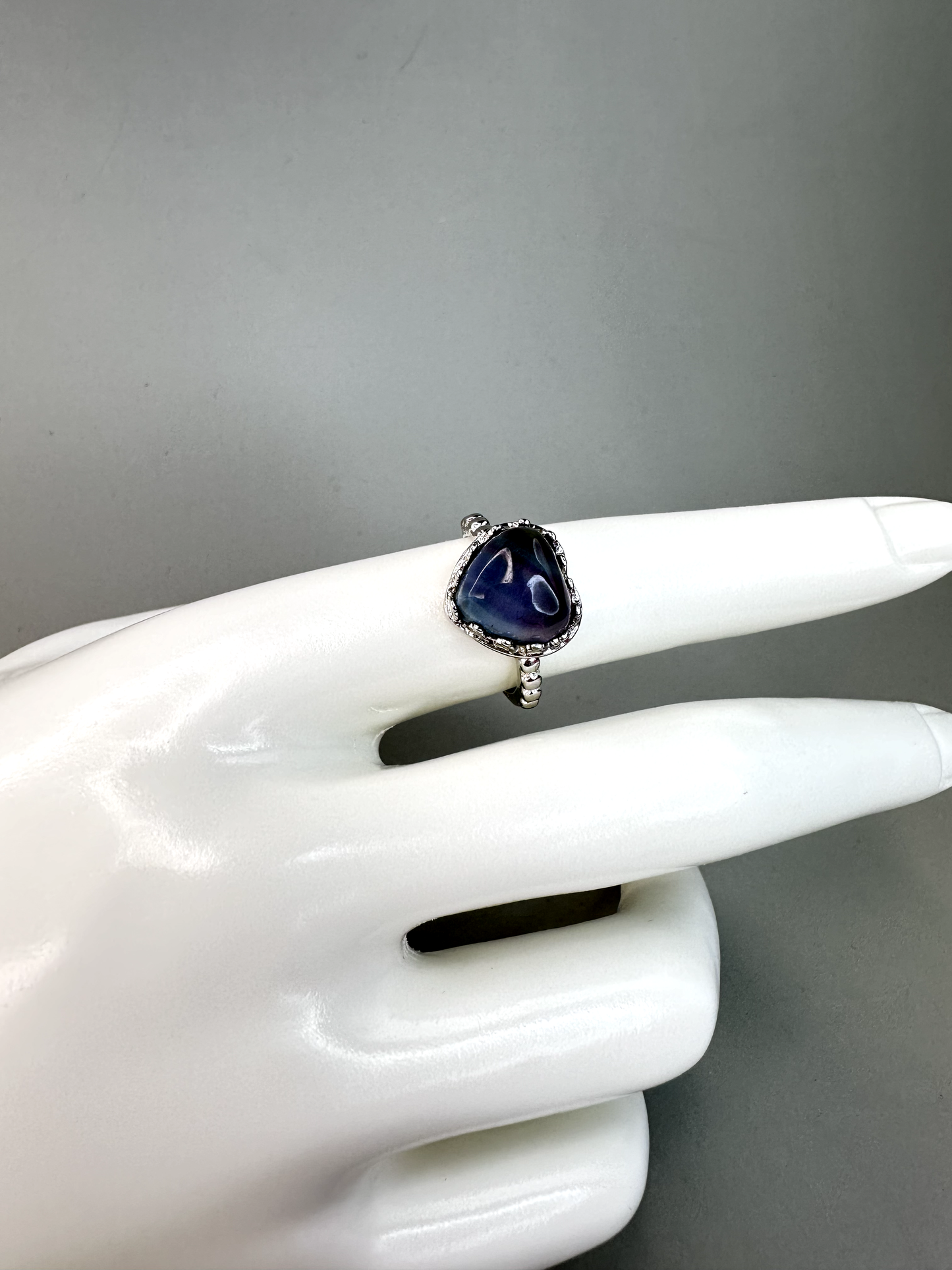 Blue Fluorite Heart Ring | Adjustable | Silver Plated