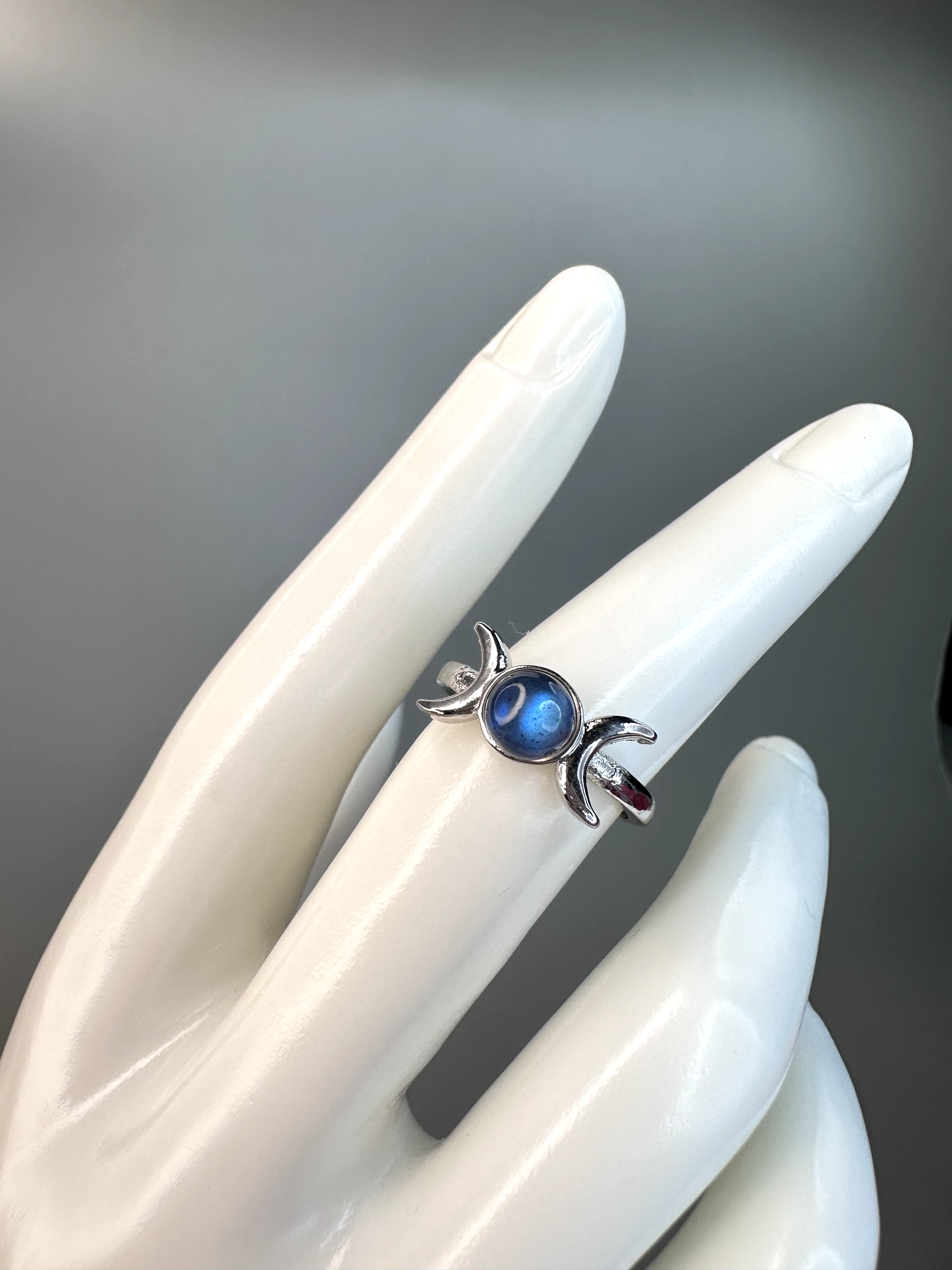 Labradorite Triple Moon Goddess Ring | Adjustable | Silver Plated | Flashy