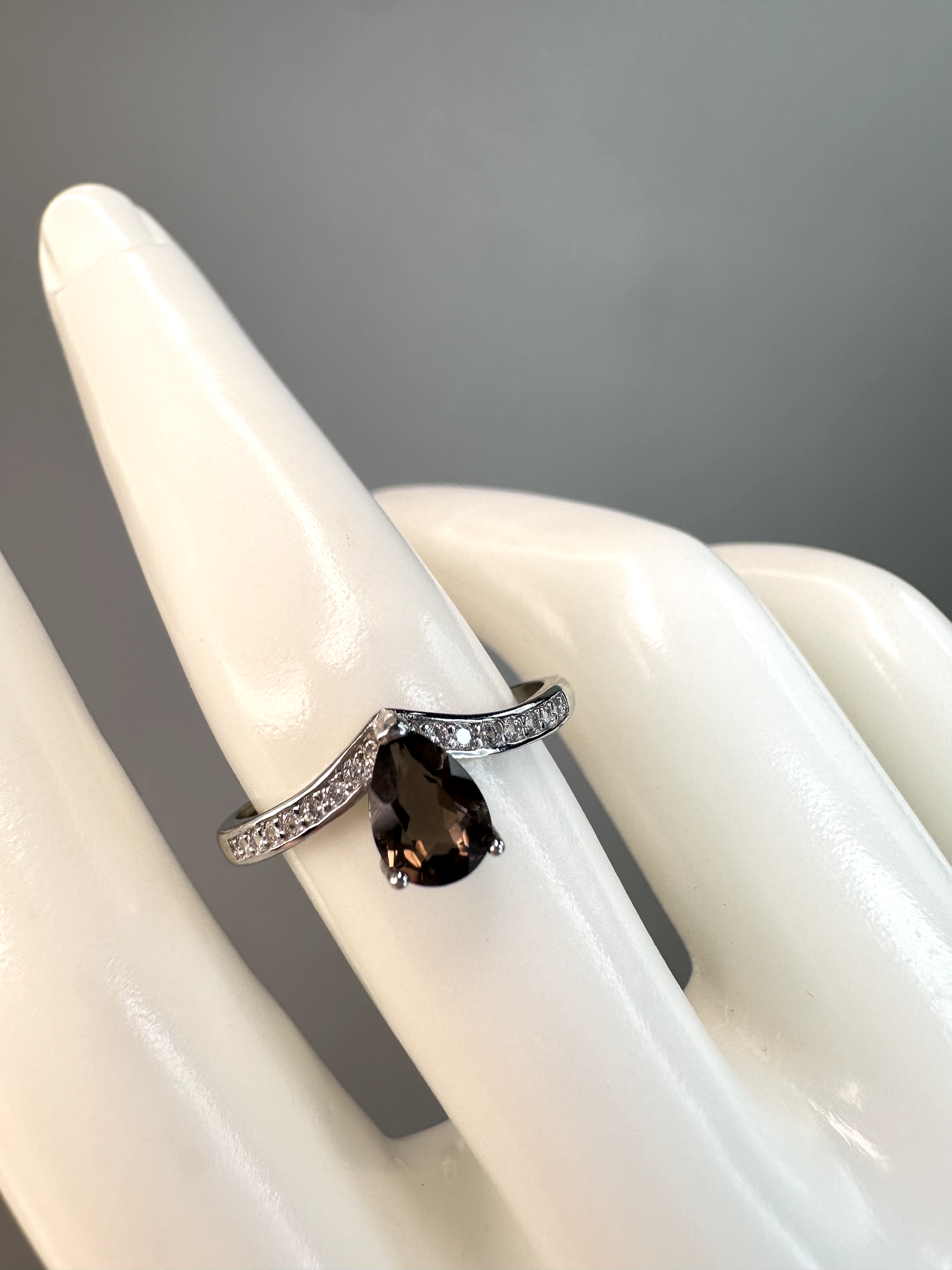 Smokey Quartz Teardrop Ring | Adjustable | Silver Plated