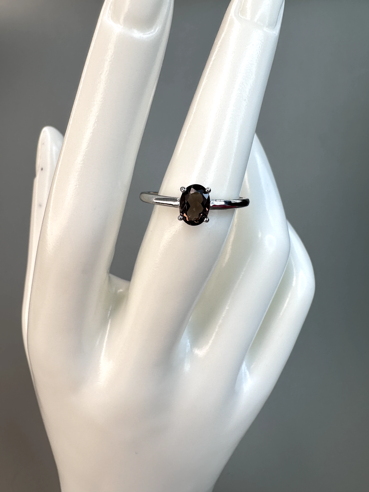 Simple Smokey Quartz Oval Ring | Adjustable | Silver Plated