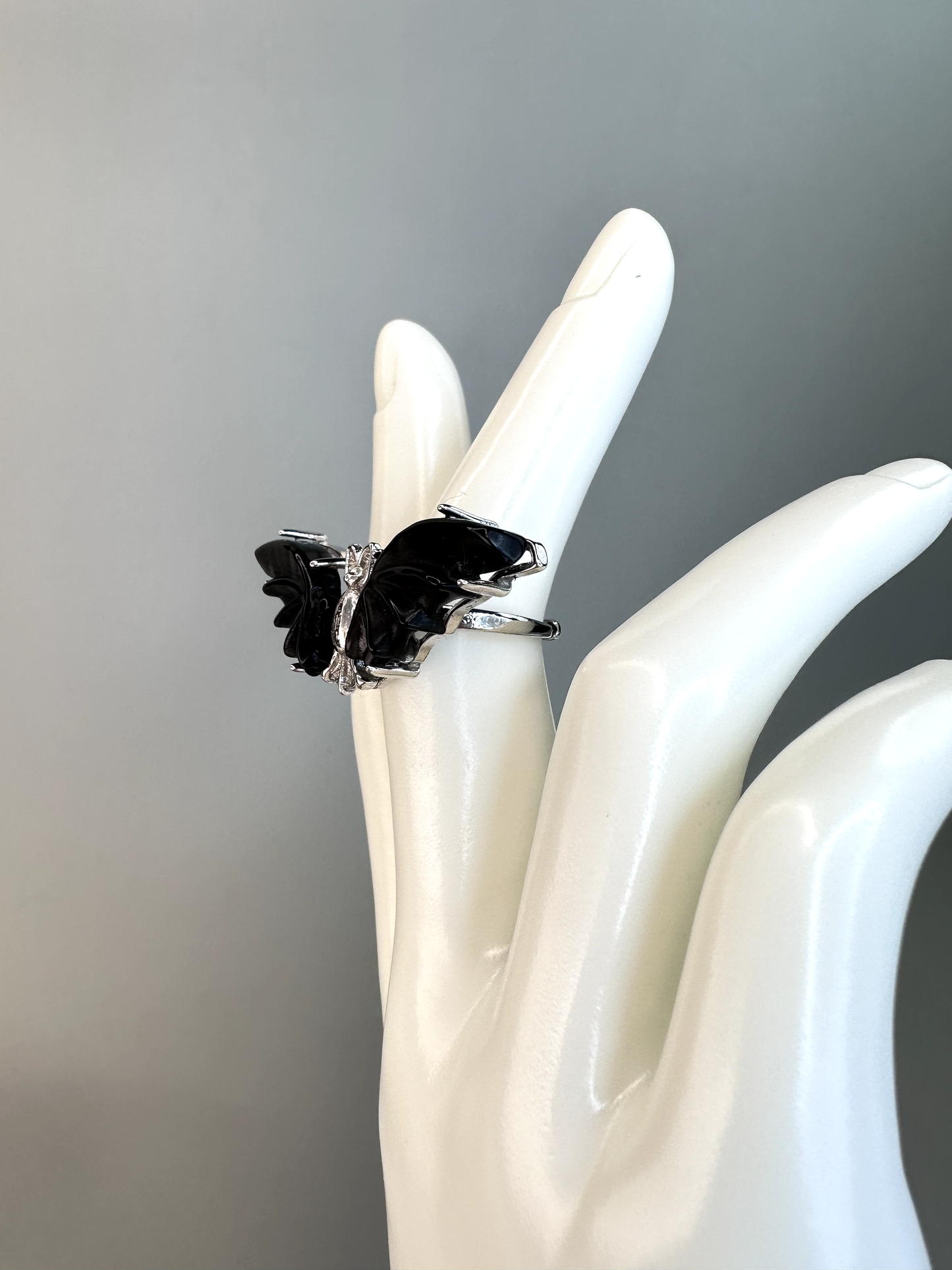 Obsidian Bat Ring | Adjustable | Silver Plated