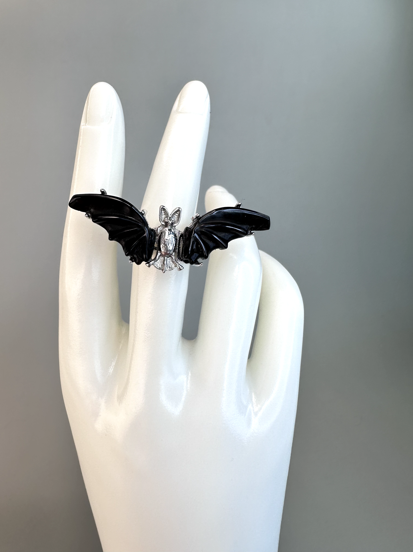 Obsidian Bat Ring | Adjustable | Silver Plated