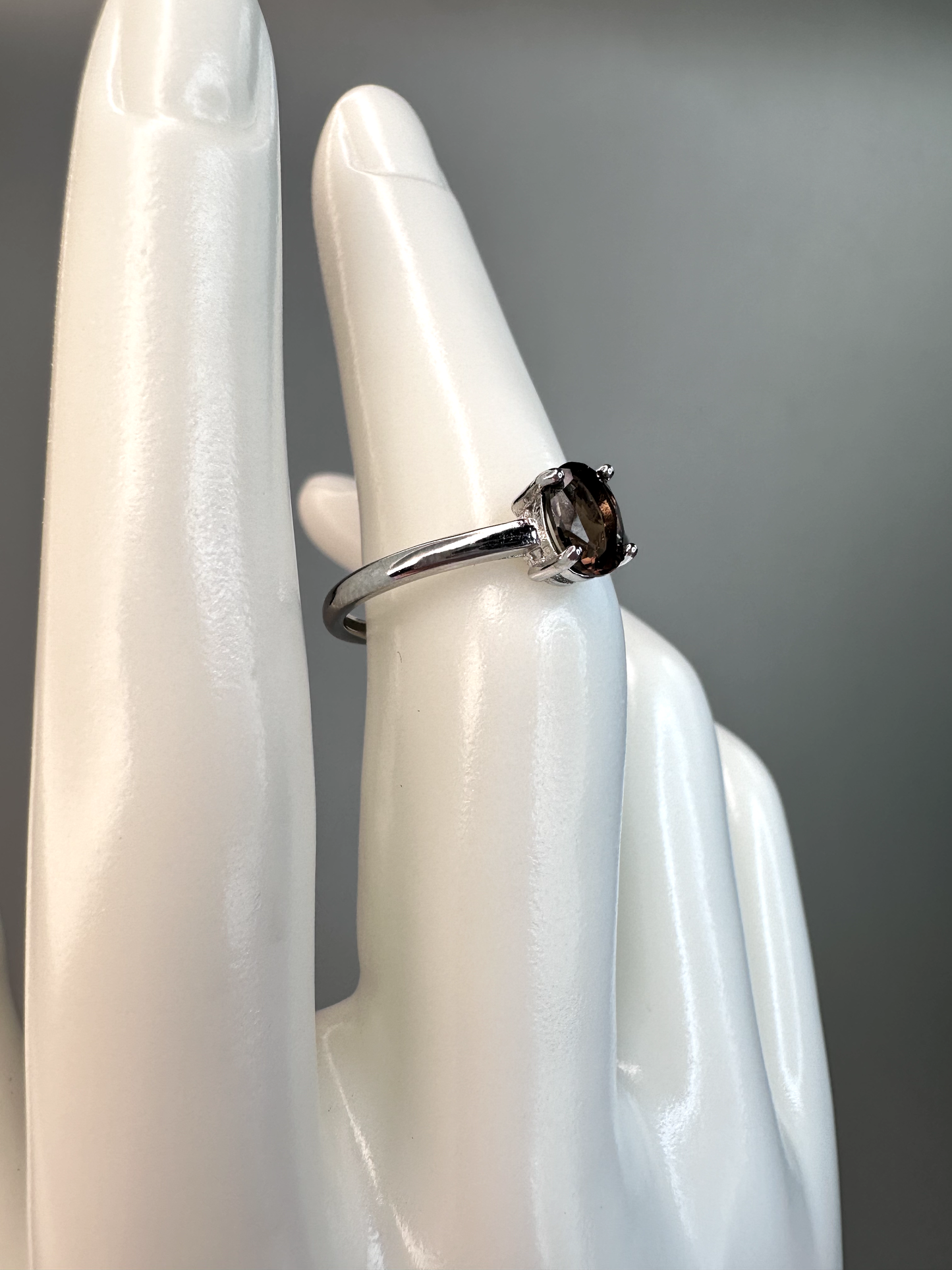 Simple Smokey Quartz Oval Ring | Adjustable | Silver Plated