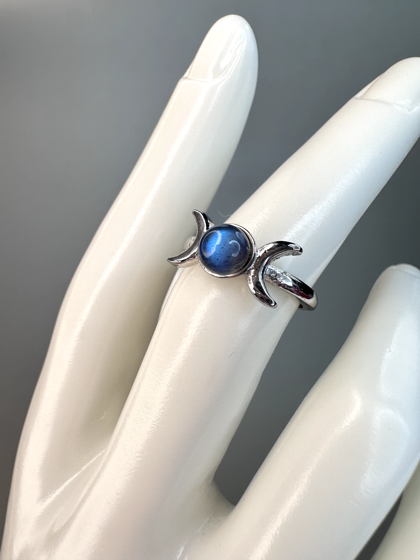 Labradorite Triple Moon Goddess Ring | Adjustable | Silver Plated | Flashy
