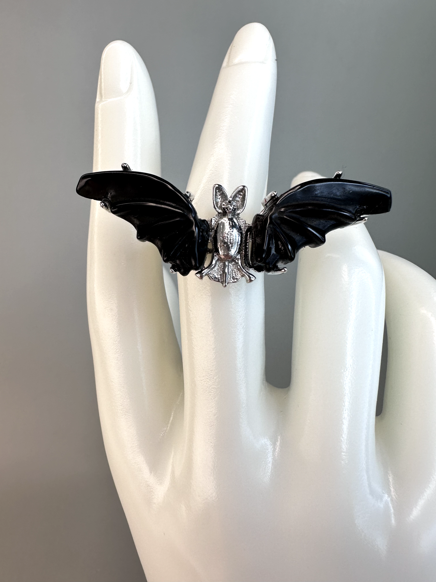 Obsidian Bat Ring | Adjustable | Silver Plated
