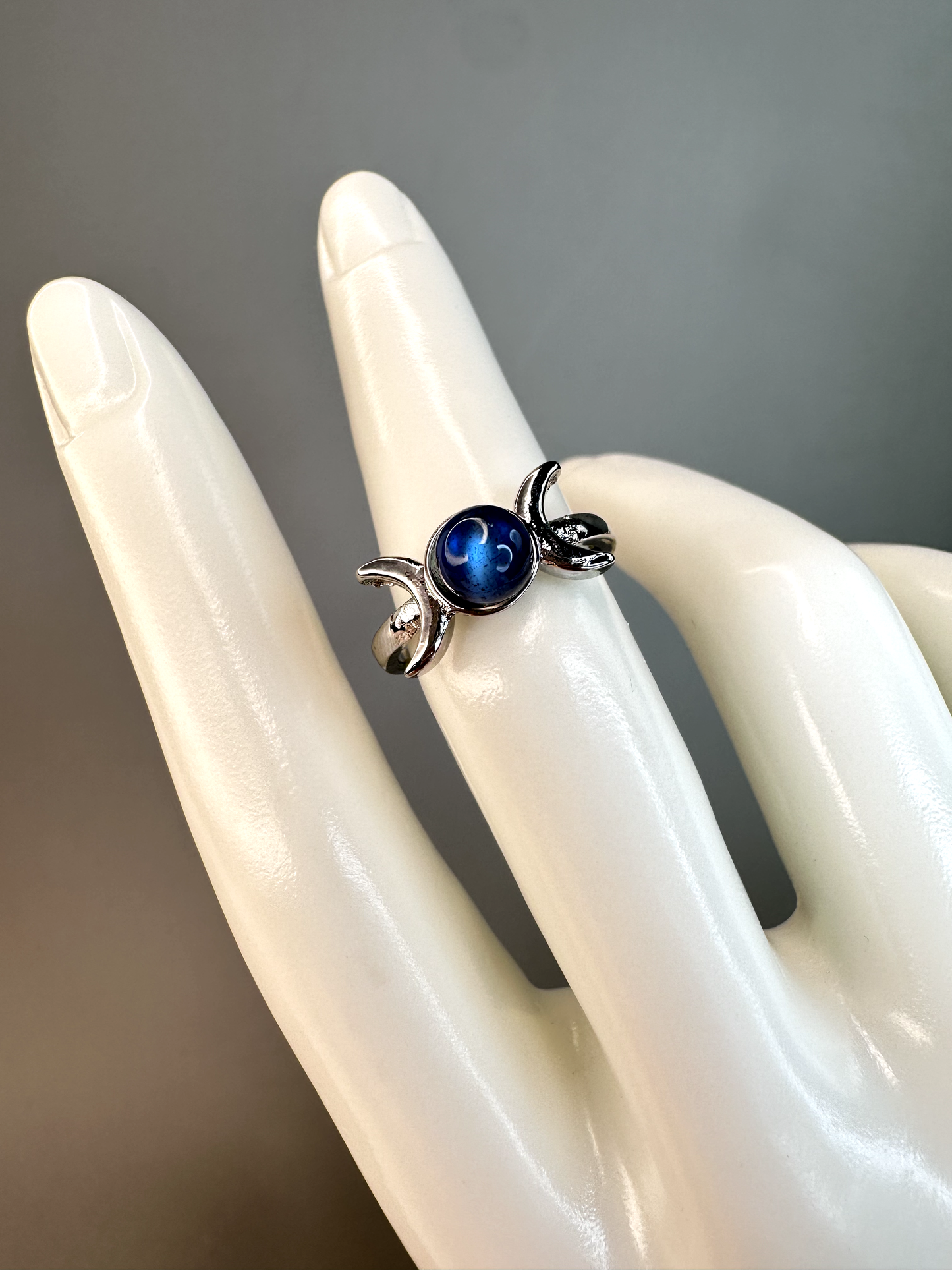 Labradorite Triple Moon Goddess Ring | Adjustable | Silver Plated | Flashy