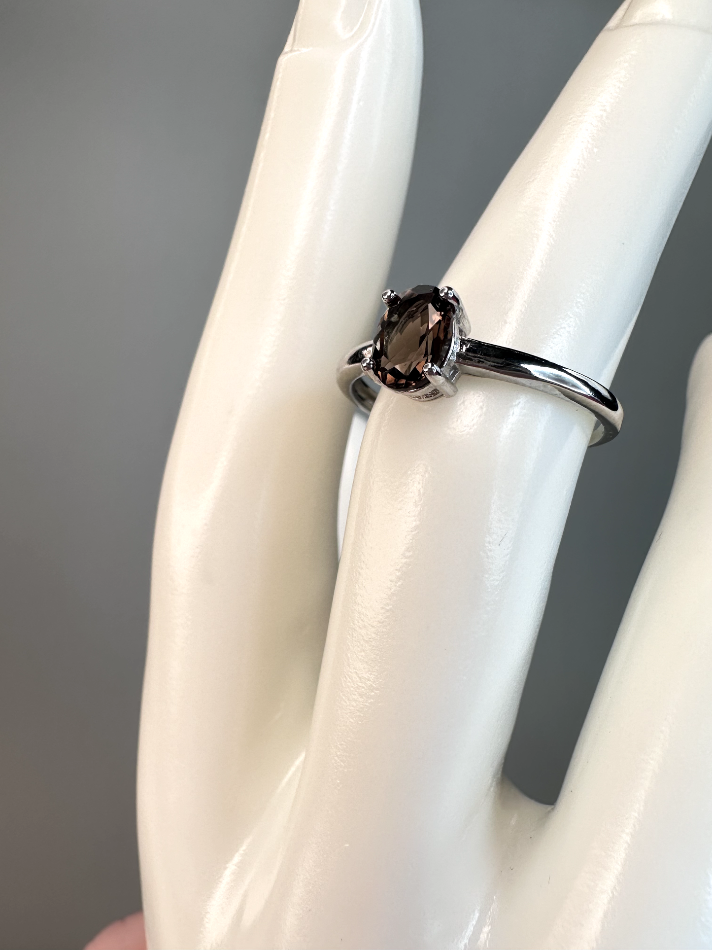 Simple Smokey Quartz Oval Ring | Adjustable | Silver Plated