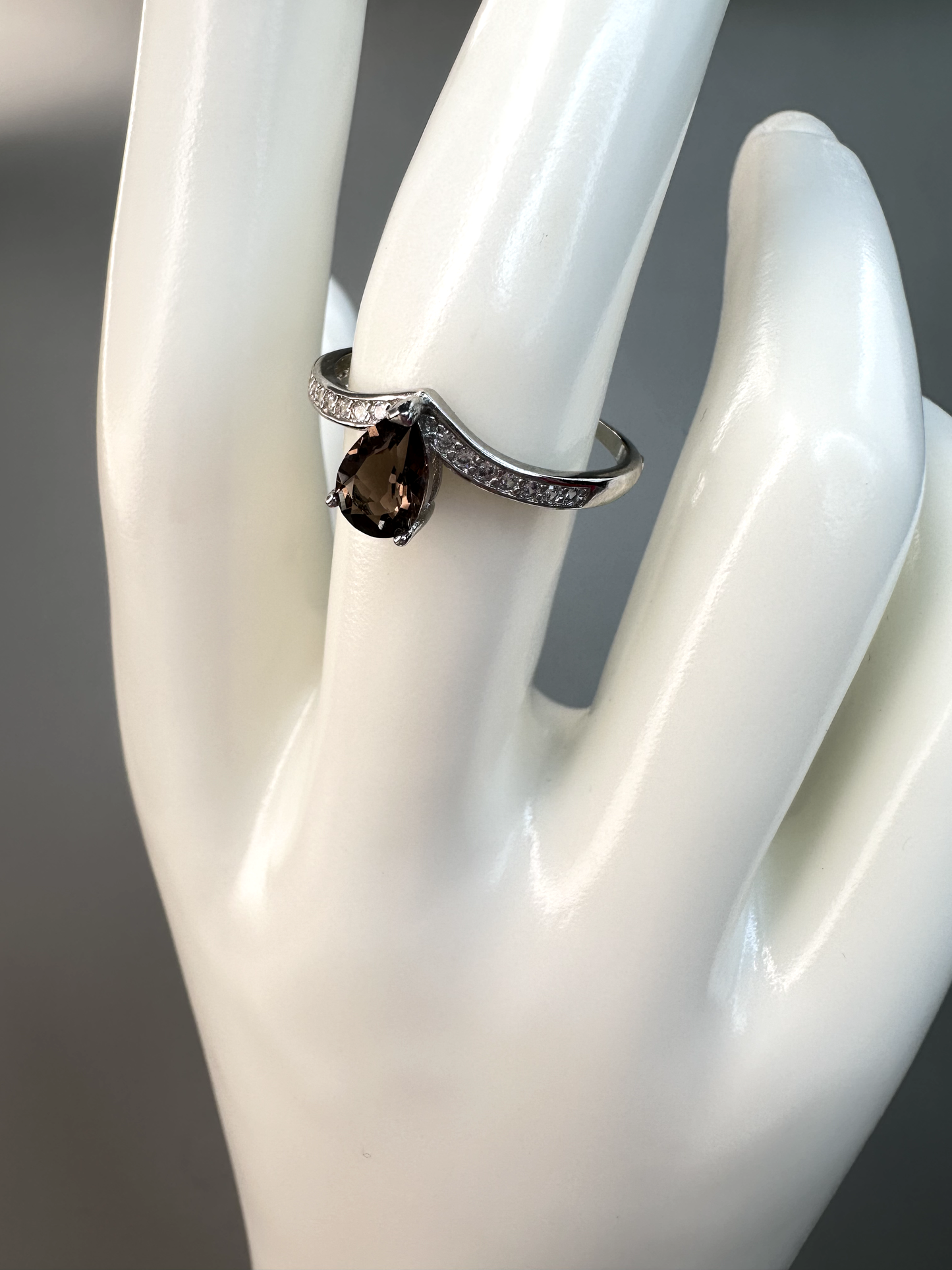 Smokey Quartz Teardrop Ring | Adjustable | Silver Plated
