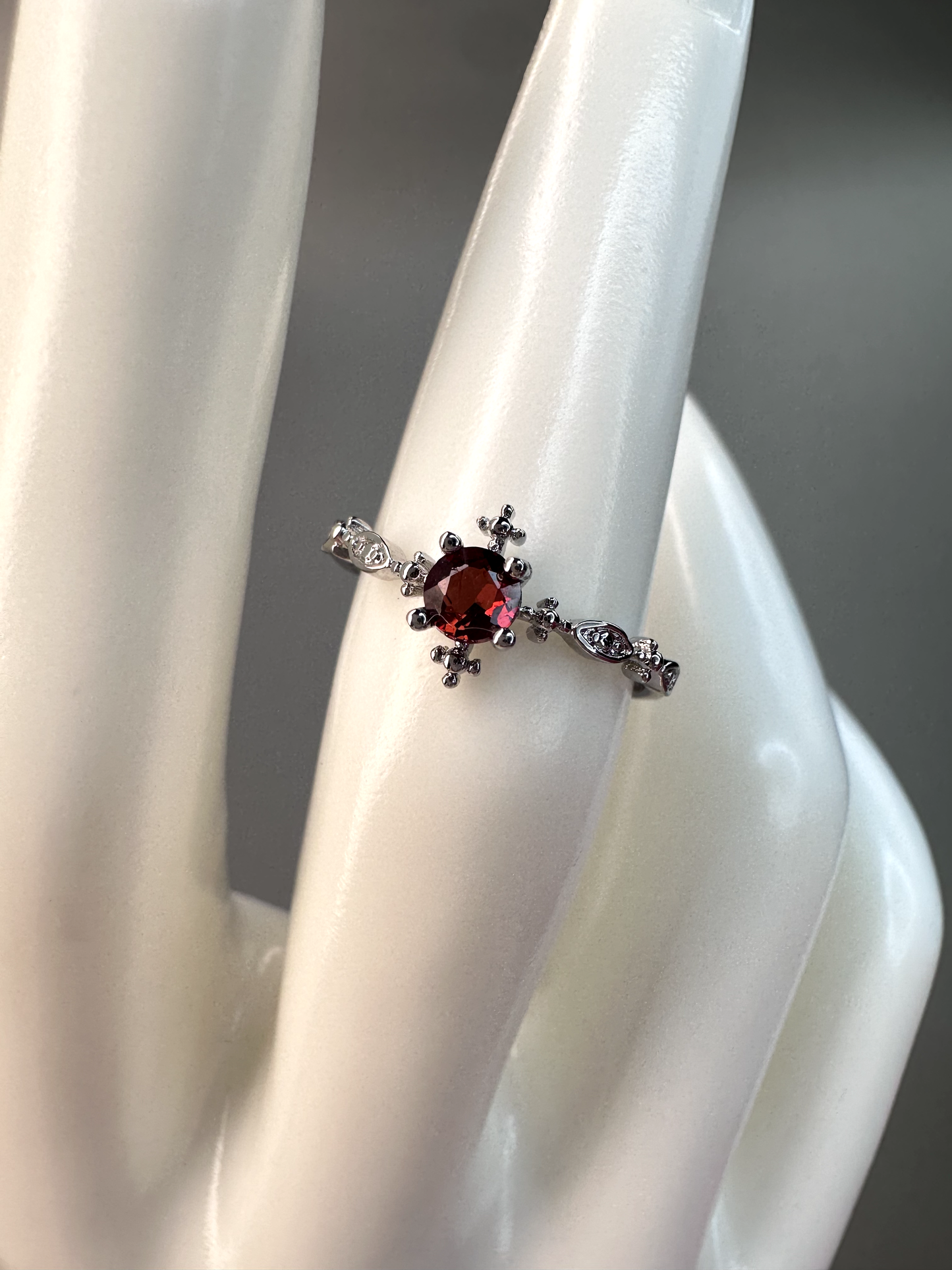 Dainty Garnet Ring | Adjustable | Silver Plated