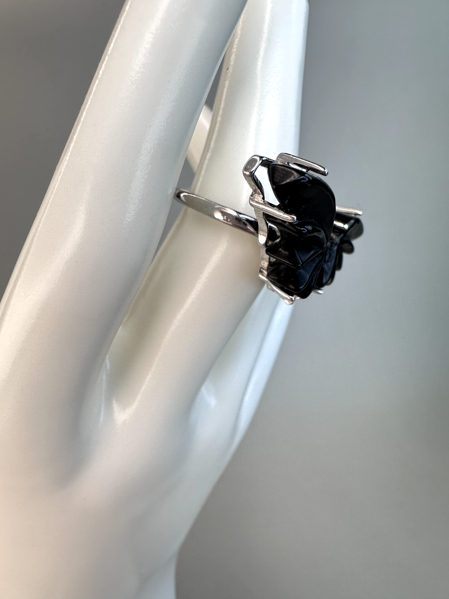Obsidian Bat Ring | Adjustable | Silver Plated