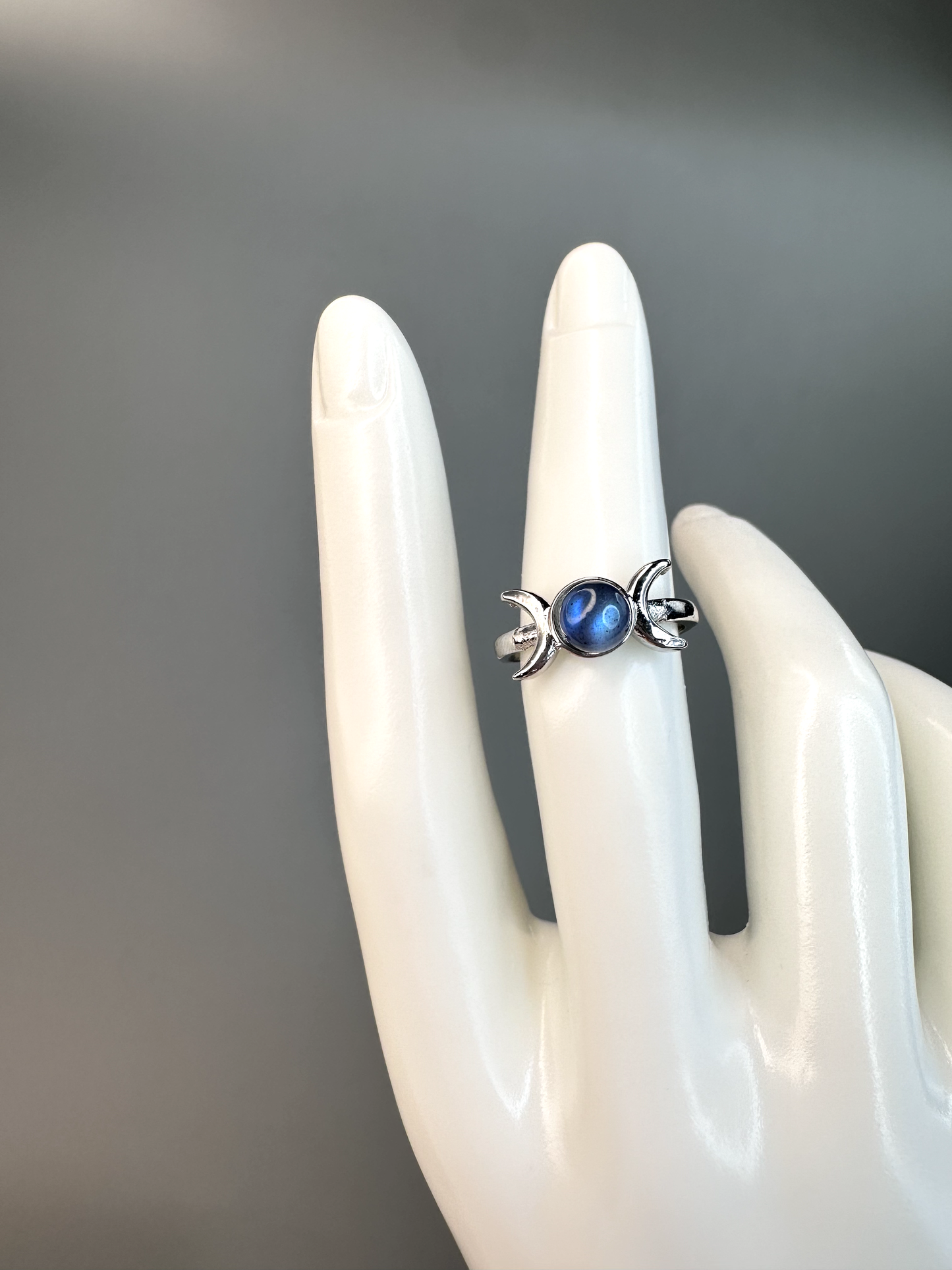 Labradorite Triple Moon Goddess Ring | Adjustable | Silver Plated | Flashy