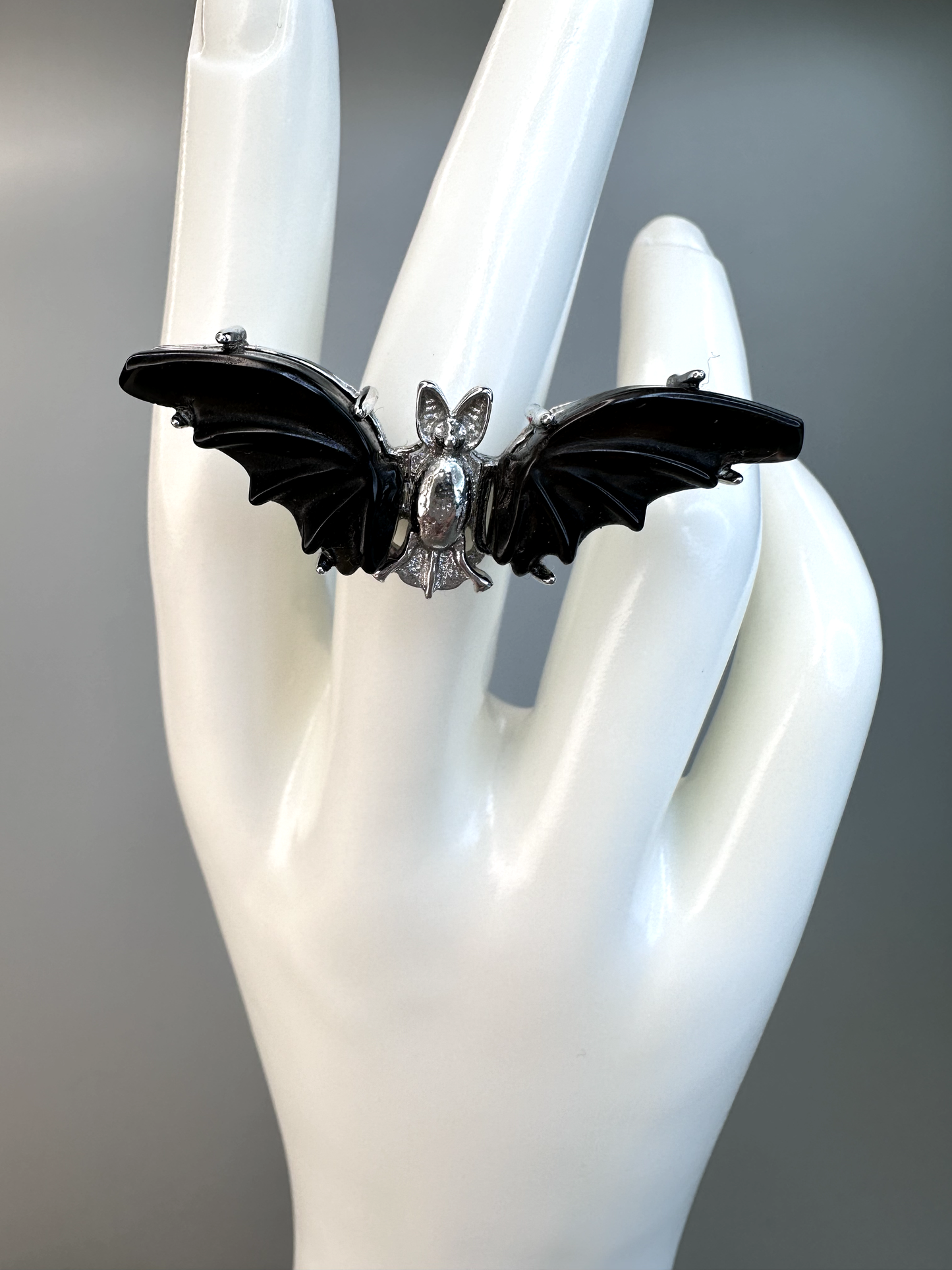 Obsidian Bat Ring | Adjustable | Silver Plated