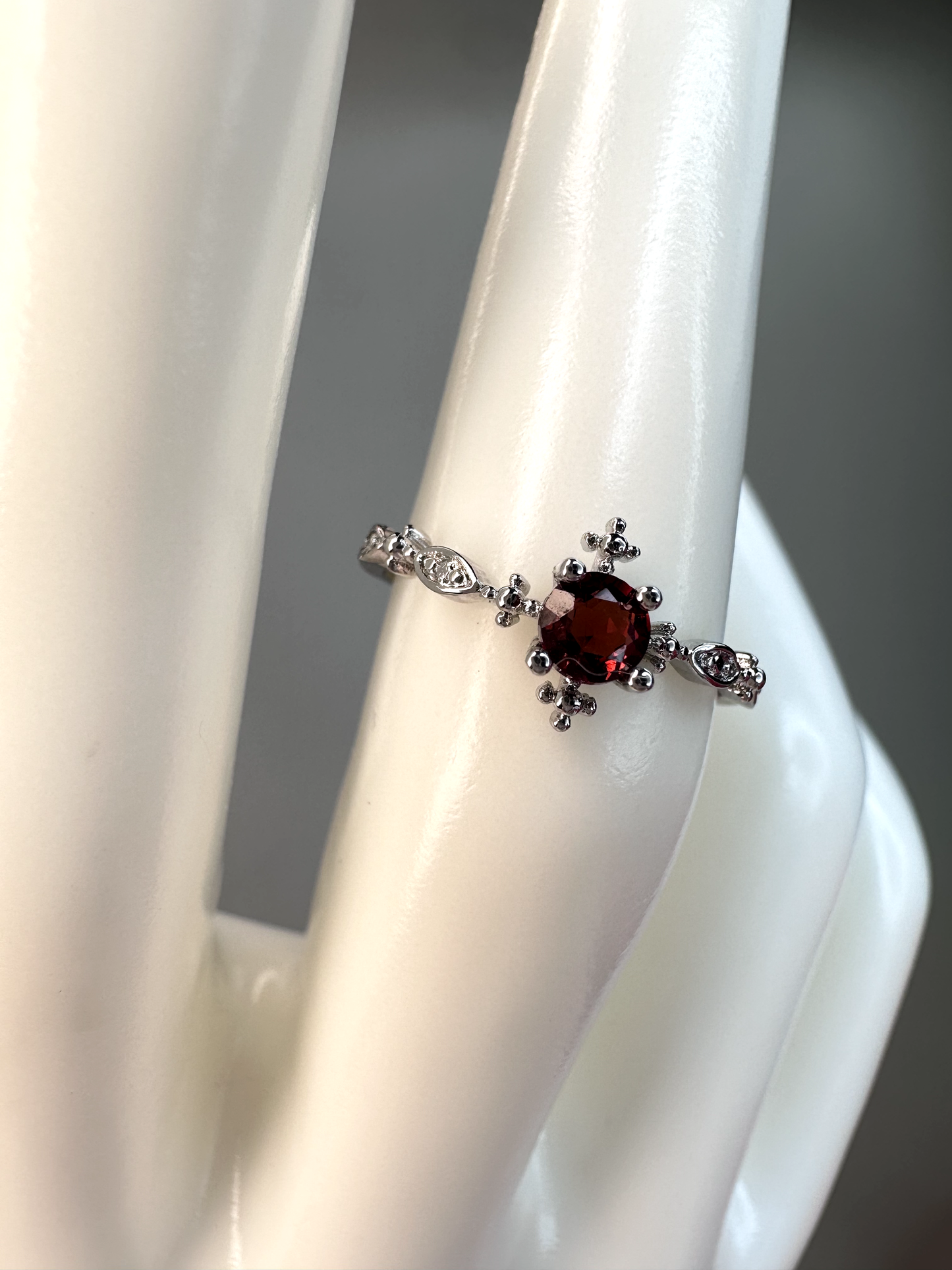 Dainty Garnet Ring | Adjustable | Silver Plated