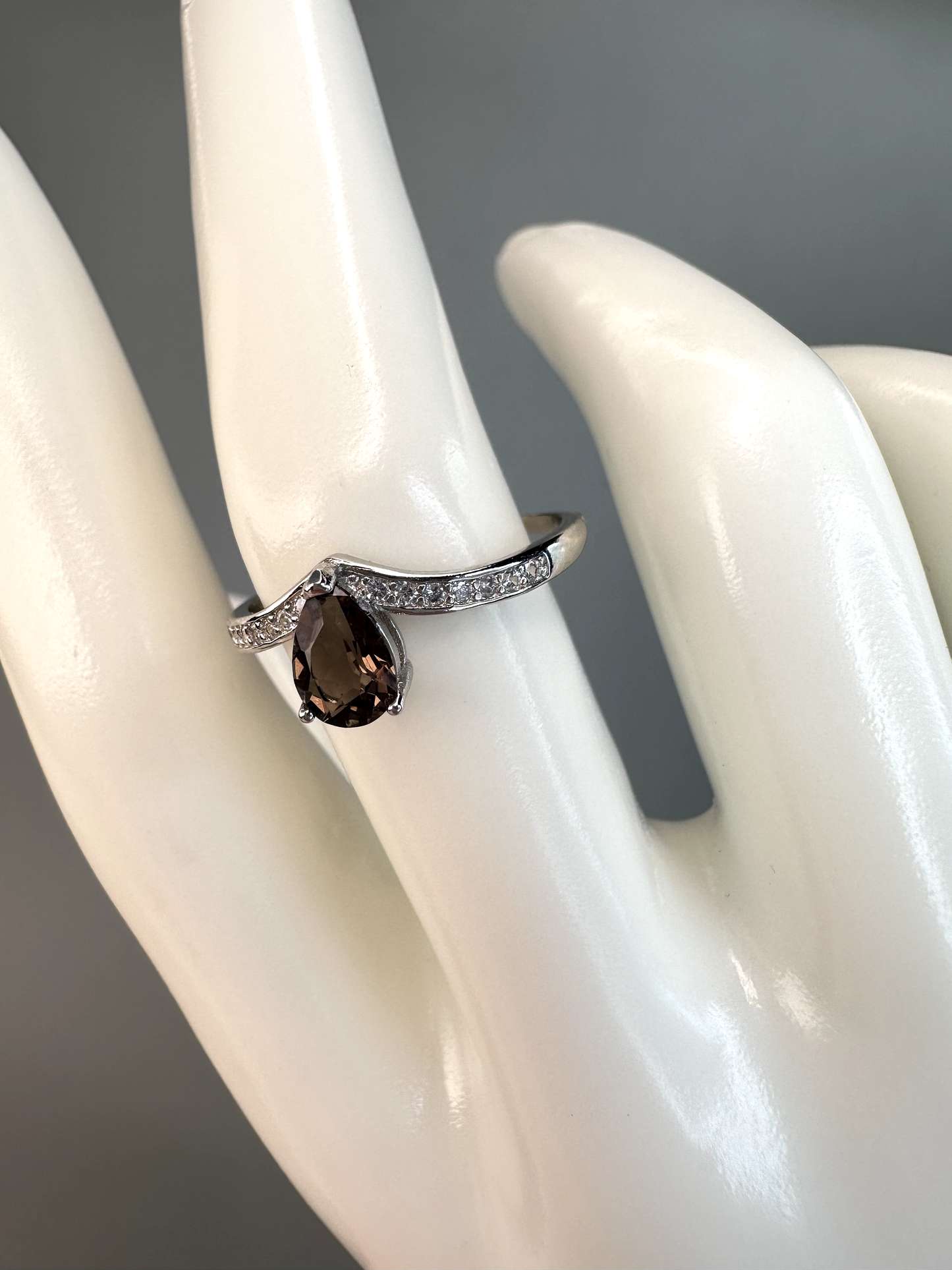 Smokey Quartz Teardrop Ring | Adjustable | Silver Plated