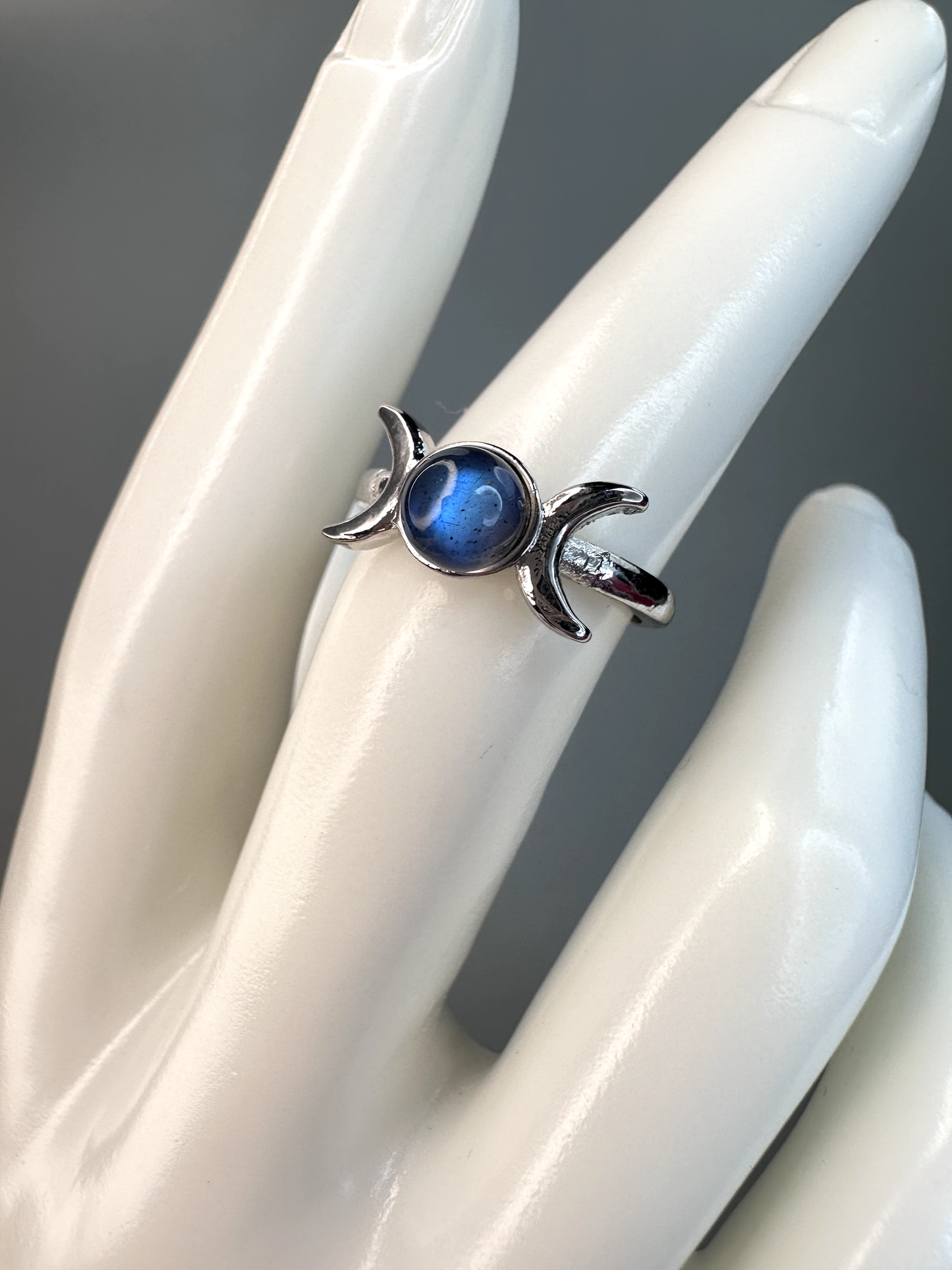 Labradorite Triple Moon Goddess Ring | Adjustable | Silver Plated | Flashy