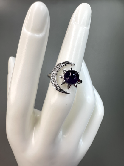 Amethyst Sun and Moon Ring | Adjustable | Silver Plated