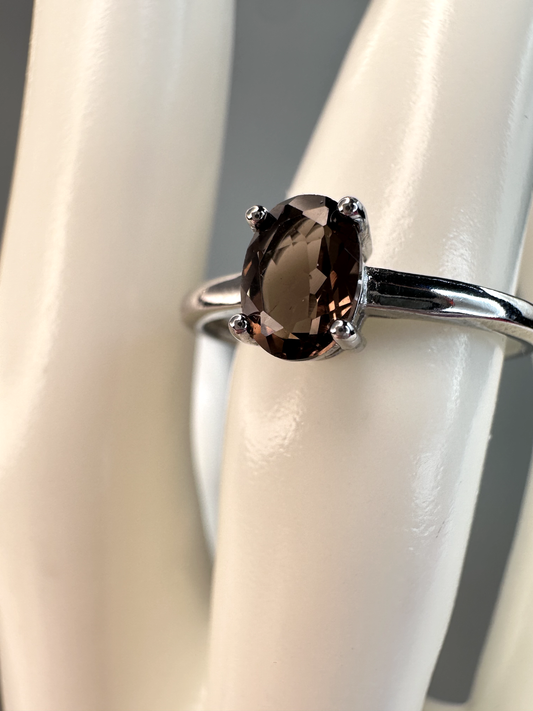 Simple Smokey Quartz Oval Ring | Adjustable | Silver Plated