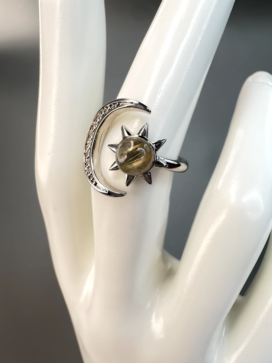 Golden Rutile Sun and Moon Ring | Adjustable | Silver Plated *RARE*