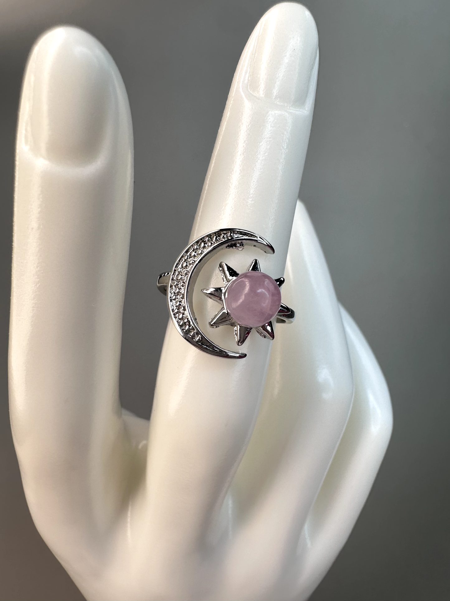 Kunzite Sun and Moon Ring | Adjustable | Silver Plated