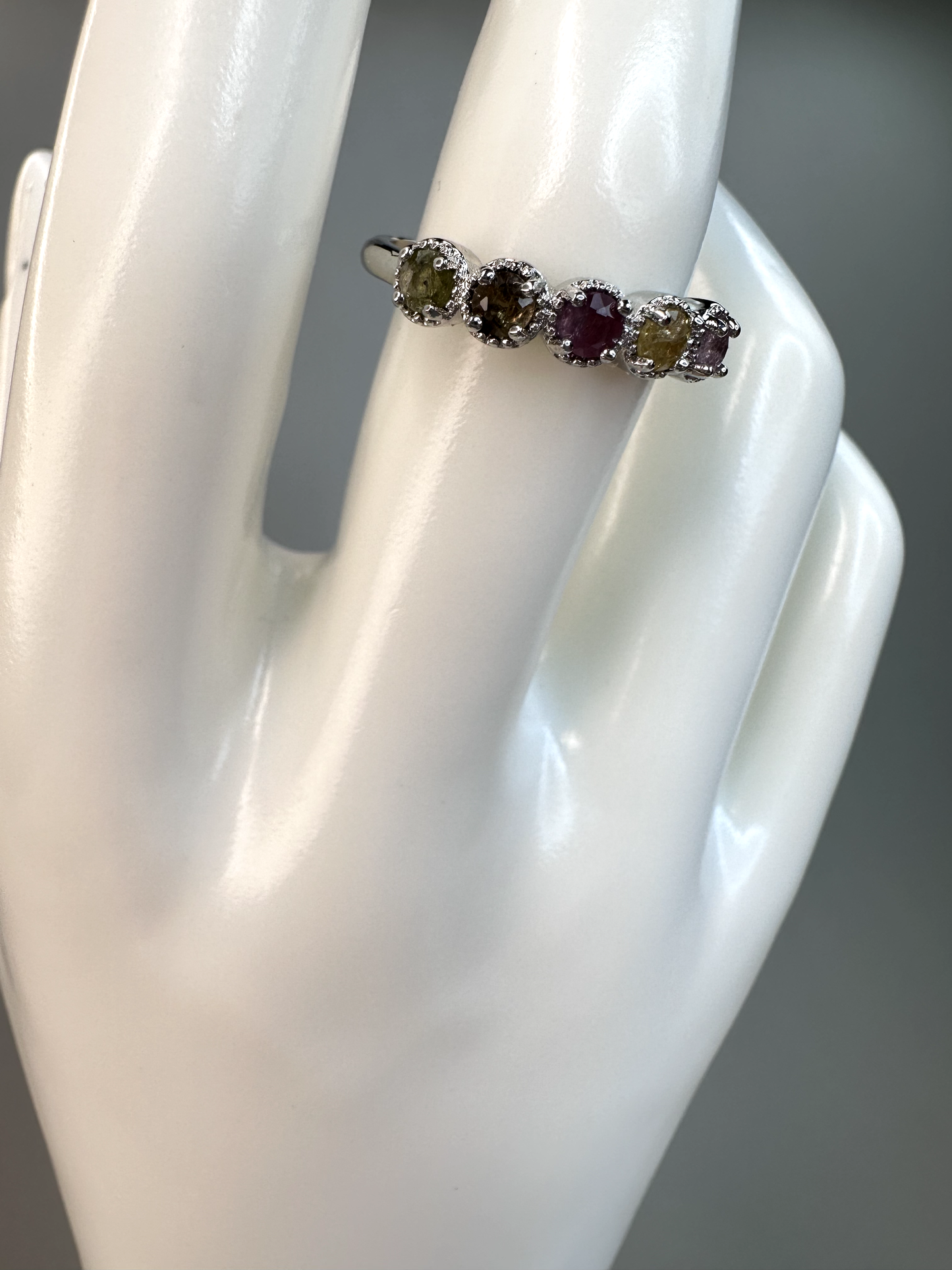 Watermelon Tourmaline Band Ring | Adjustable | Silver Plated