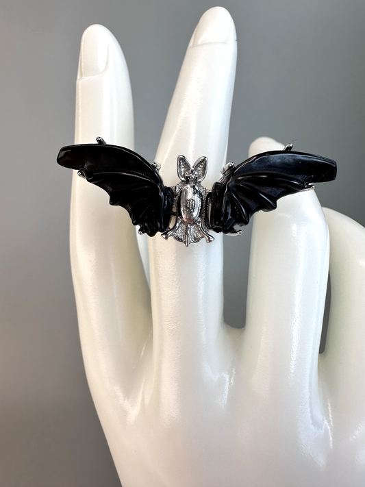 Obsidian Bat Ring  | Adjustable | Silver Plated