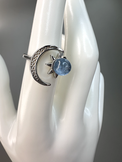 Aquamarine Sun and Moon Ring | Adjustable | Silver Plated