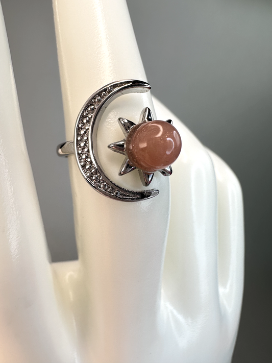 Peach Moonstone Sun and Moon Ring | Adjustable | Silver Plated | Flashy