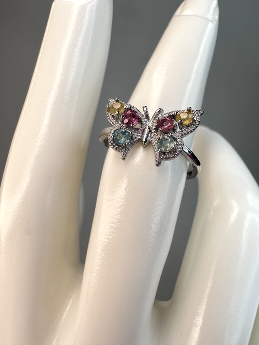 Watermelon Tourmaline Butterfly Ring | Adjustable | S925