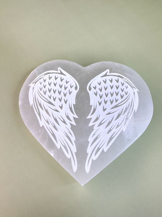 Satin Spar (Selenite) Heart w/ Wings Coaster