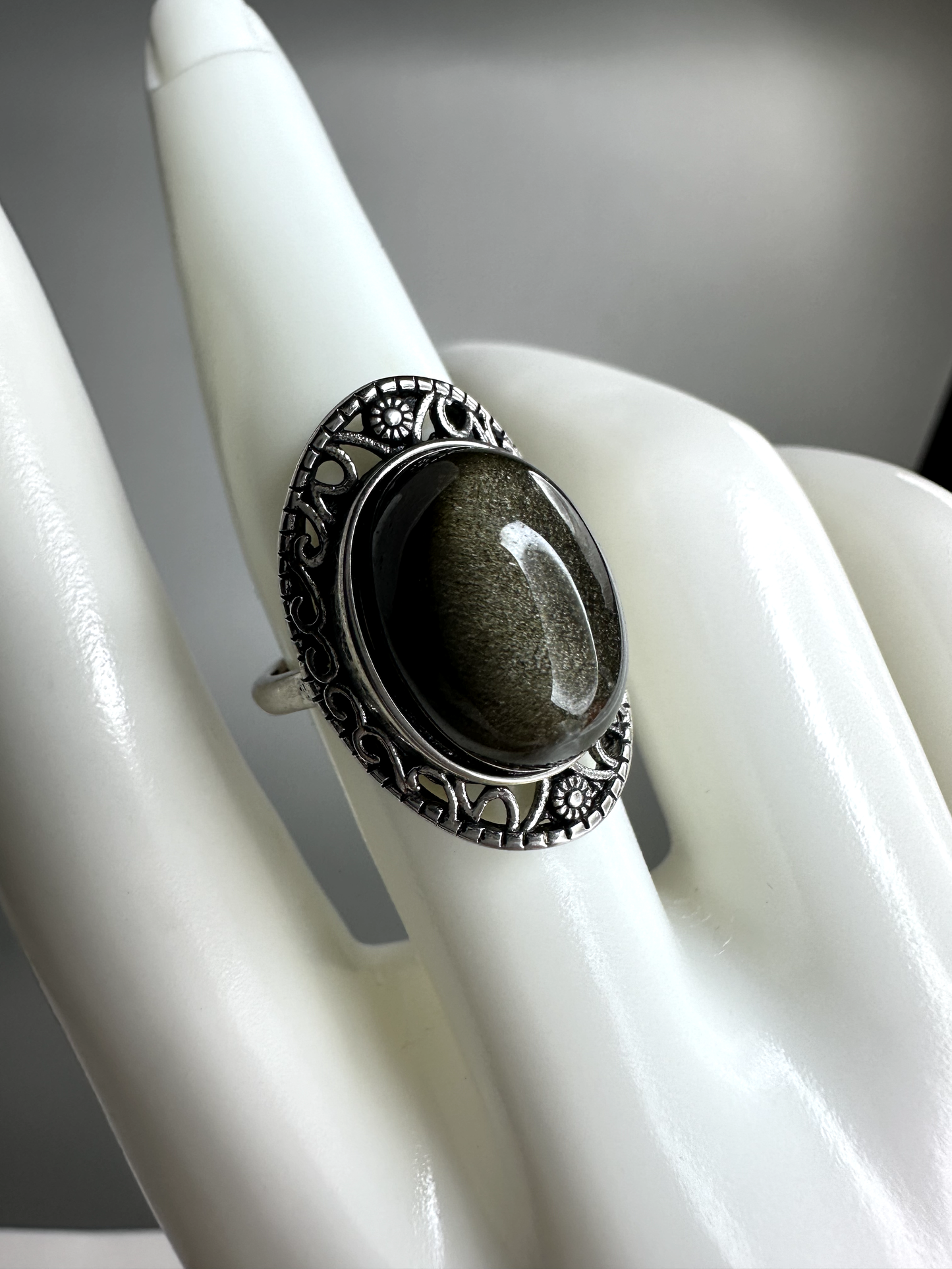 Statement Gold Sheen Obsidian Ring | Adjustable | Silver Plated | Flashy