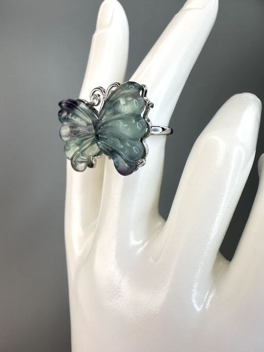 XL Green Fluorite Butterfly Rings | Adjustable | Silver Plated