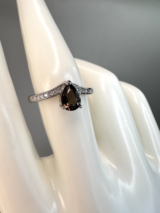 Smokey Quartz Teardrop Ring | Adjustable | Silver Plated