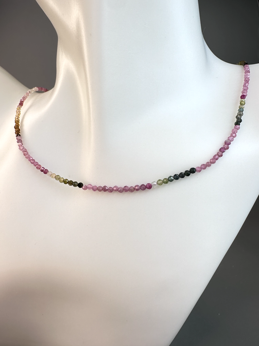 Watermelon Tourmaline Faceted Micro Beaded Choker | Sterling Silver