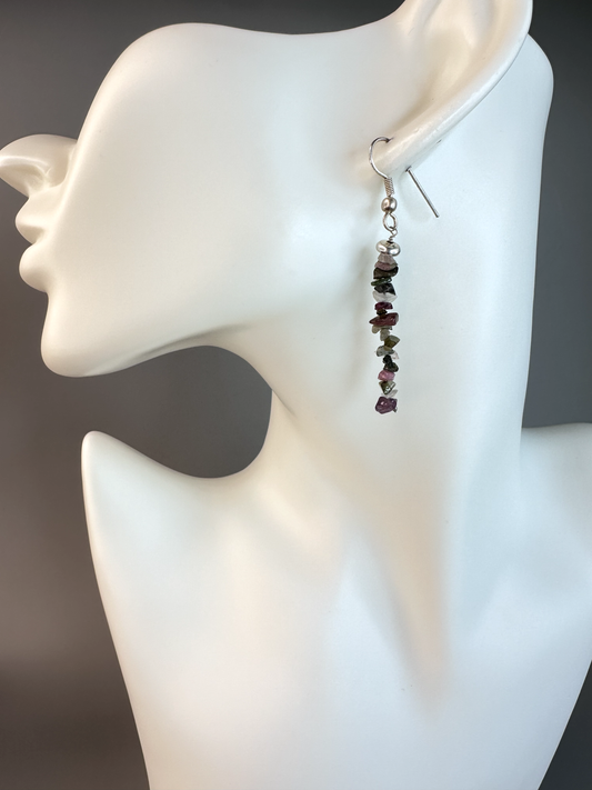 Watermelon Tourmaline Chip | Sterling Silver Earrings