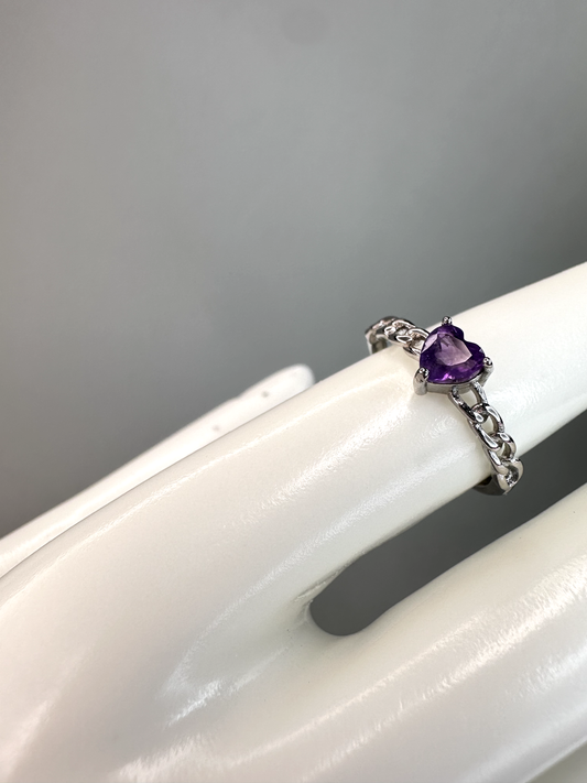 Dainty Amethyst Heart Ring | Adjustable | Silver Plated