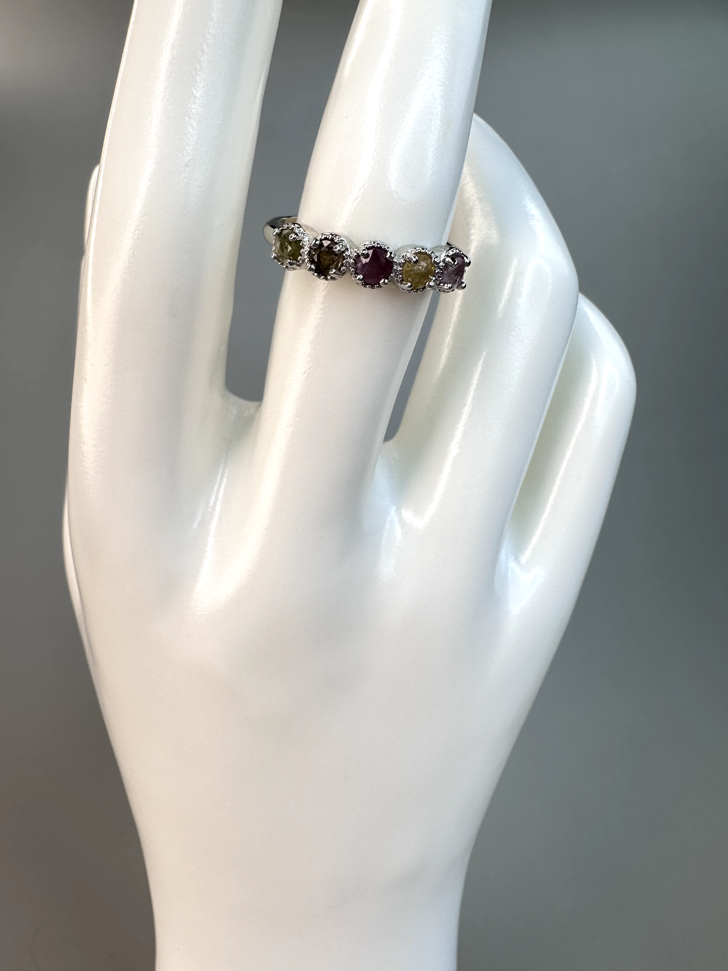 Watermelon Tourmaline Band Ring | Adjustable | Silver Plated