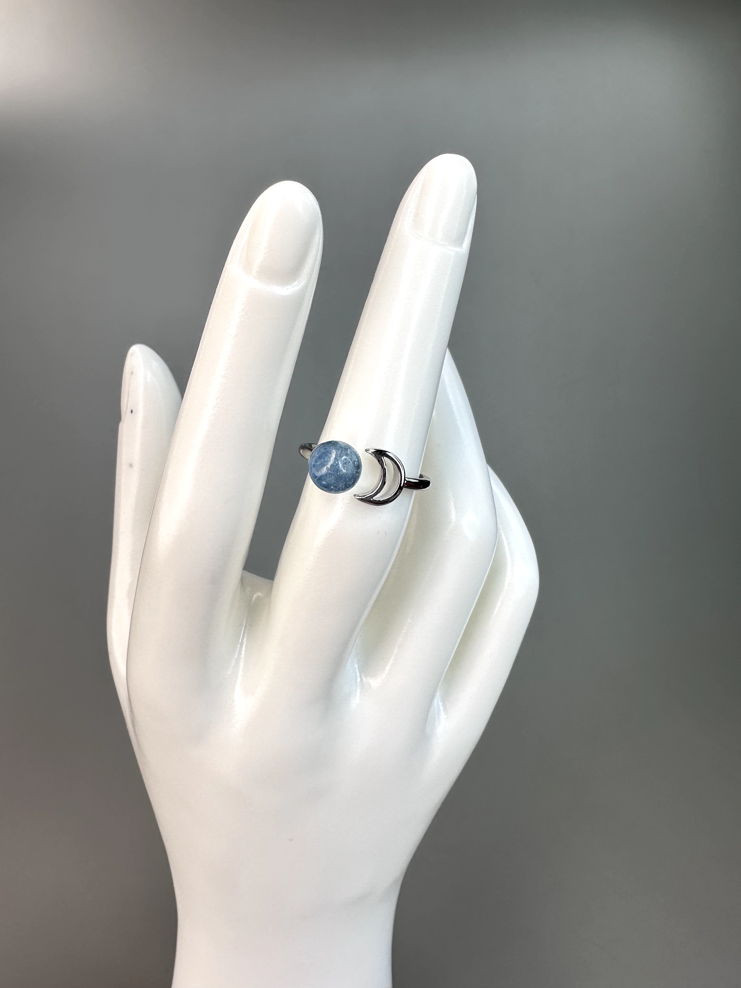 Aquamarine Moon Cutout Ring | Adjustable | Silver Plated