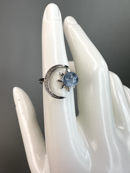 Aquamarine Sun and Moon Ring | Adjustable | Silver Plated