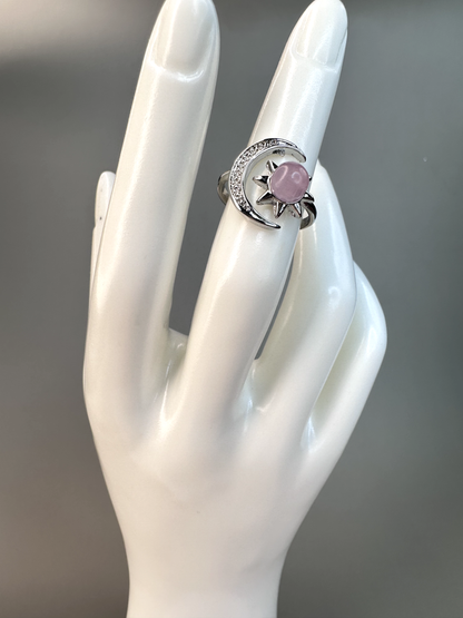 Kunzite Sun and Moon Ring | Adjustable | Silver Plated