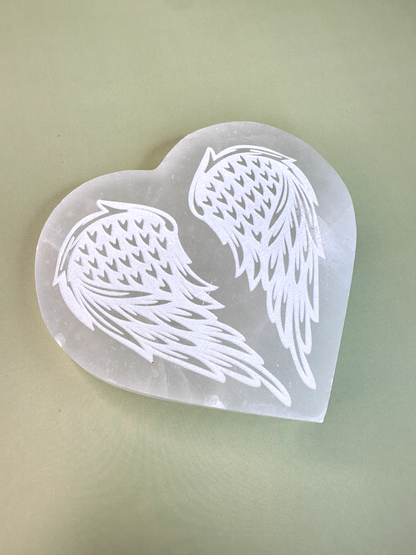 Satin Spar (Selenite) Heart w/ Wings Coaster