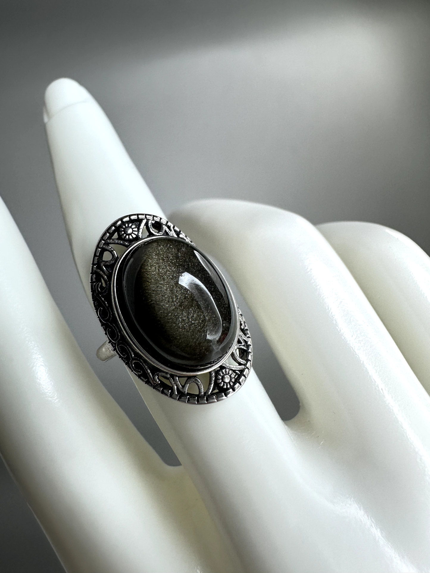 Statement Gold Sheen Obsidian Ring | Adjustable | Silver Plated | Flashy