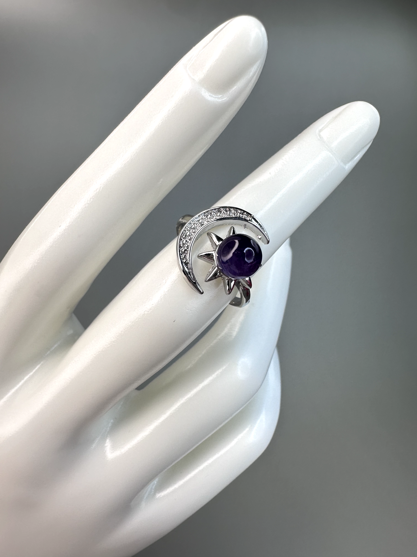 Amethyst Sun and Moon Ring | Adjustable | Silver Plated