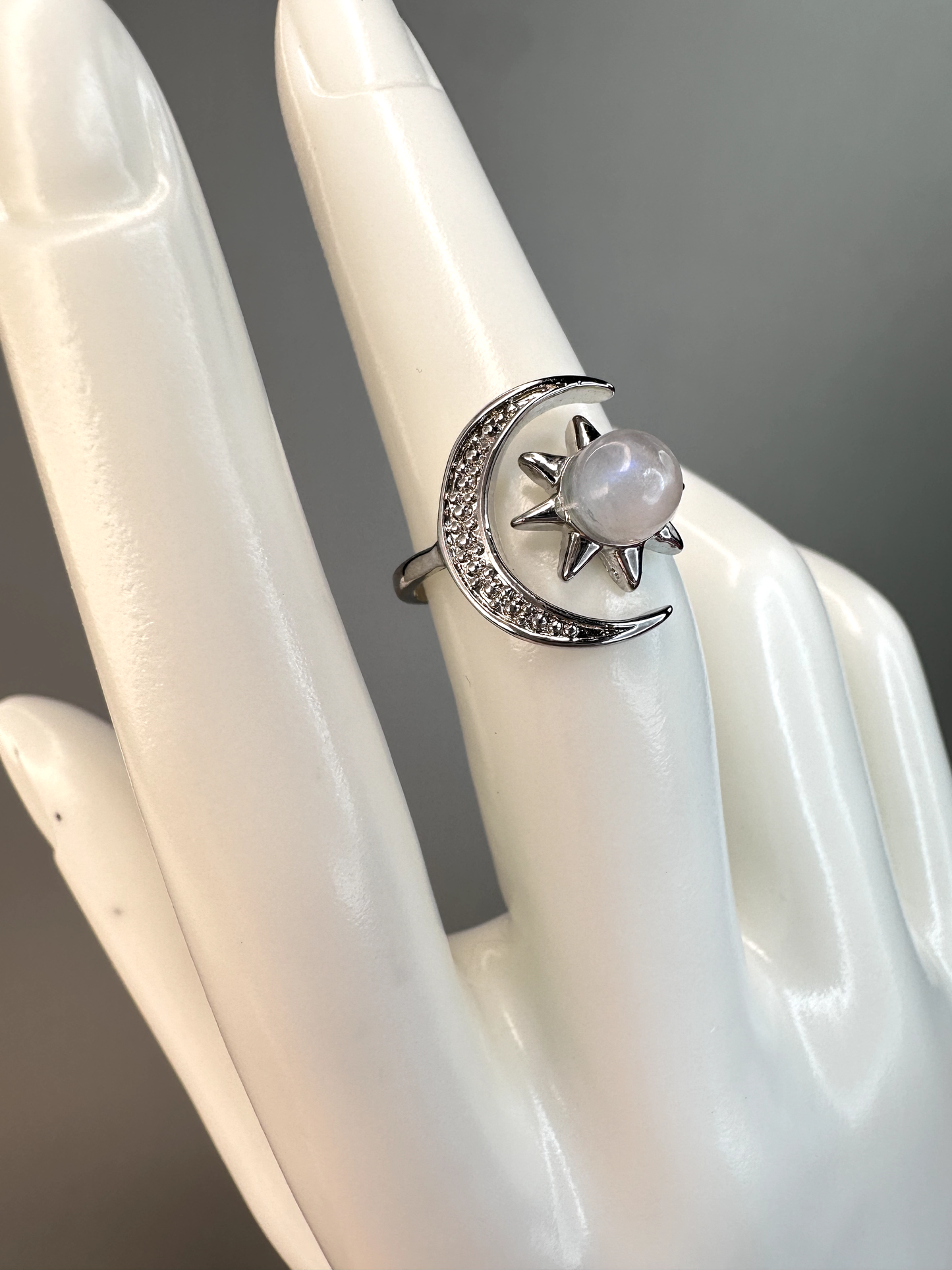 Moonstone Sun and Moon Ring | Adjustable | Silver Plated | Flashy