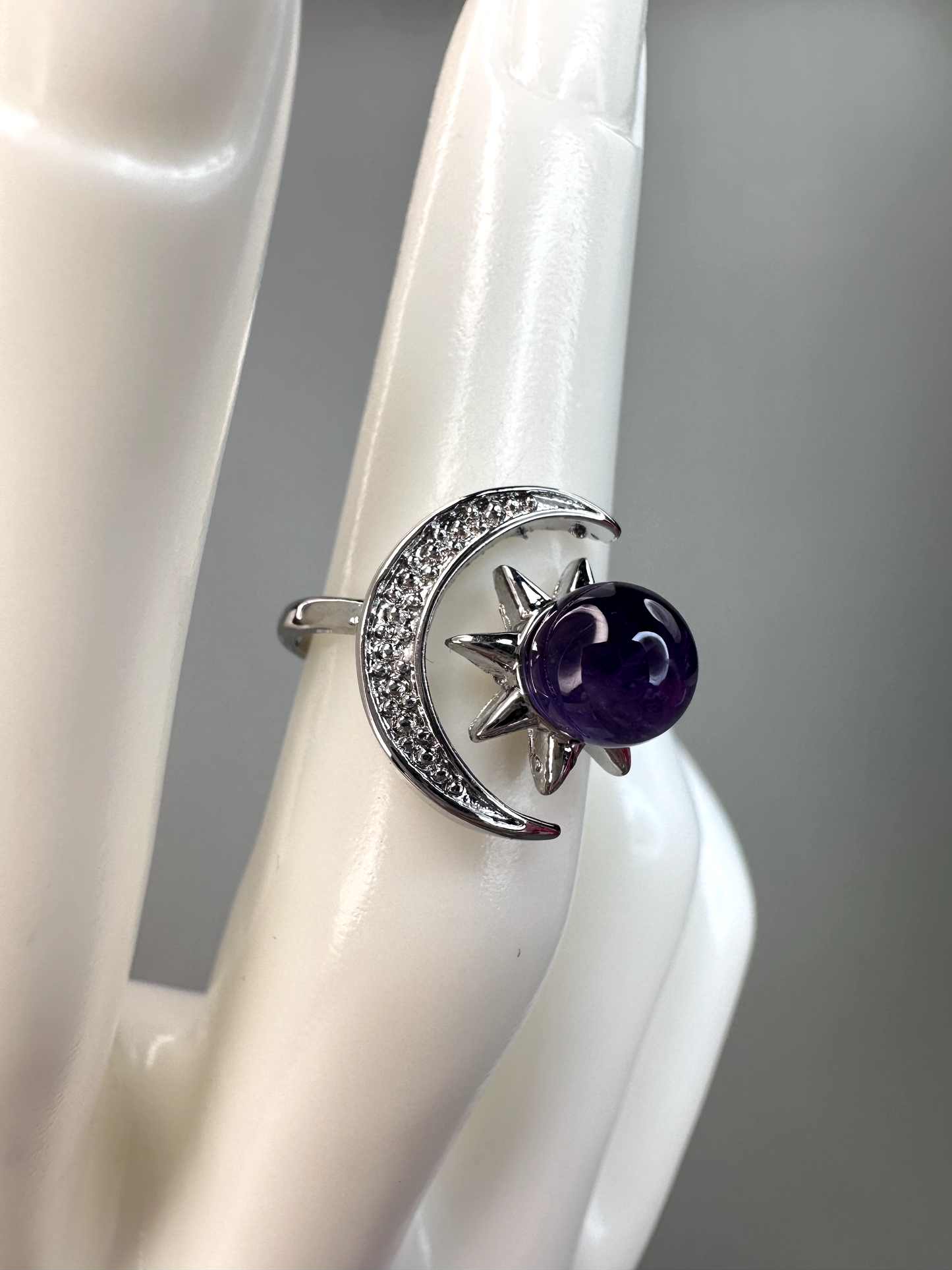 Amethyst Sun and Moon Ring | Adjustable | Silver Plated